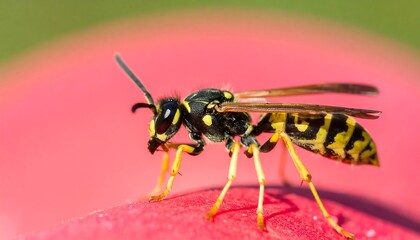 Naklejka premium Detailed Macro Shot of a Yellowjacket Wasp on a Pink Surface