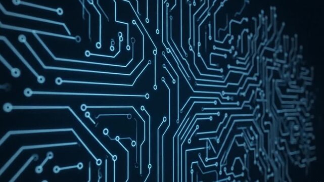 A blue glowing circuit board on a dark background - Powered by Adobe