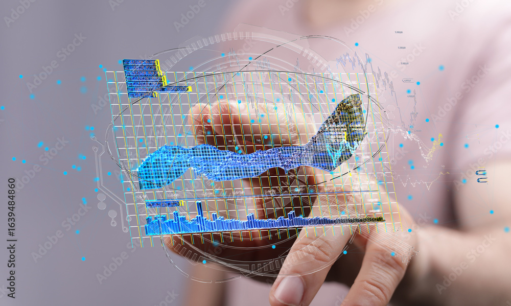 Poster stock photo of person interacting with a holographic data visualization showing charts, graphs, and 