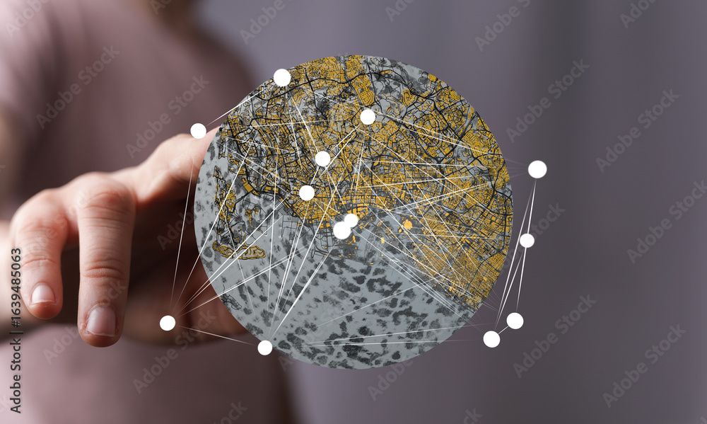 Poster hand interacting with a digital globe showing city map and network connections. ideal for technology