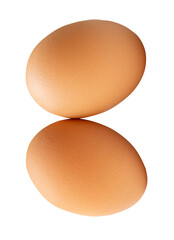 Side view of two fresh brown chicken eggs in stack isolated  with clipping path in png file format