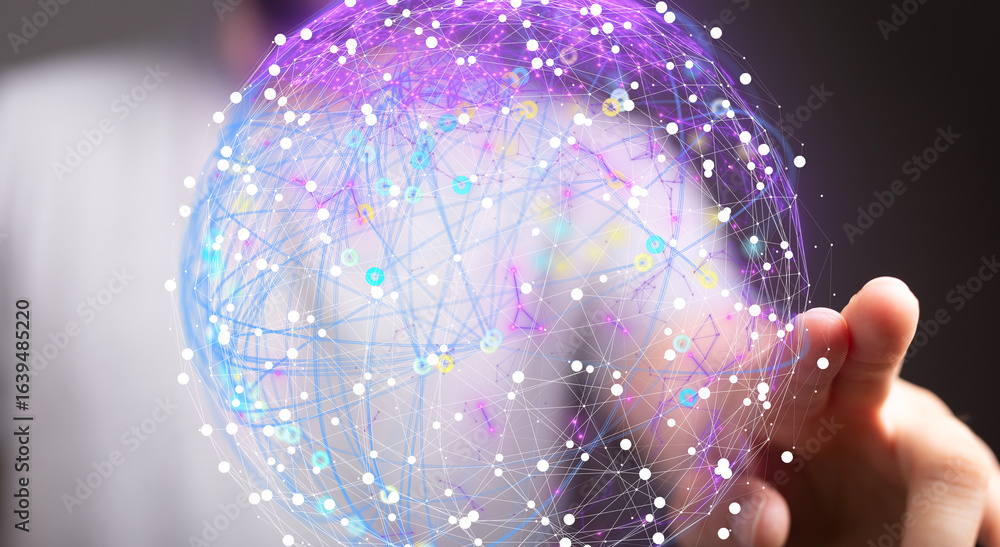 Poster abstract image depicting a global network, connection, and data visualization.