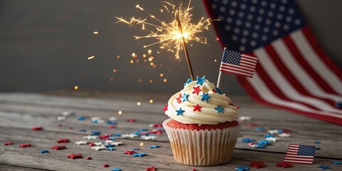 Festive cupcake with american flag, sparkler, and star sprinkles for 4th of july