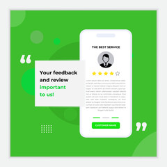 Customer feedback review testimonial design social media post. Customer provides positive feedback and review for a service on a mobile phone screen