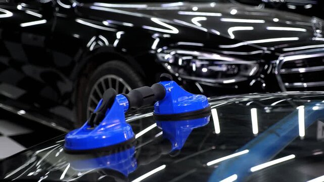 A close-up view of the car's glass, taken with the help of professional suction cups. A brightly lit car repair shop. The car repair process.