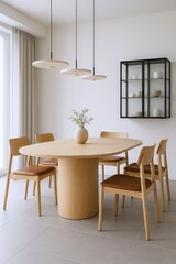 Modern Dining Room with Oval Wood Table, Leather Chairs, and Minimalist Pendant Lights, Featuring a Display Cabinet