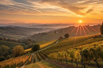 Golden tuscan sunrise over rolling vineyards and misty hills