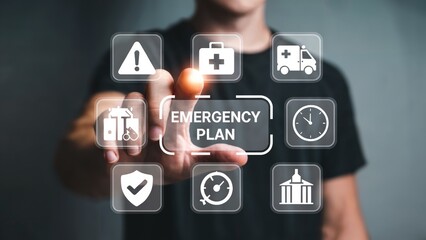 Person interacting with emergency plan icons, emphasizing readiness, safety, and preparedness concepts