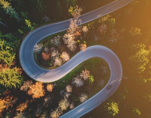 Roadtrip on Winding Road That Weaves Through an Autumn Forest with Breathtaking Beauty and Colorful Trees