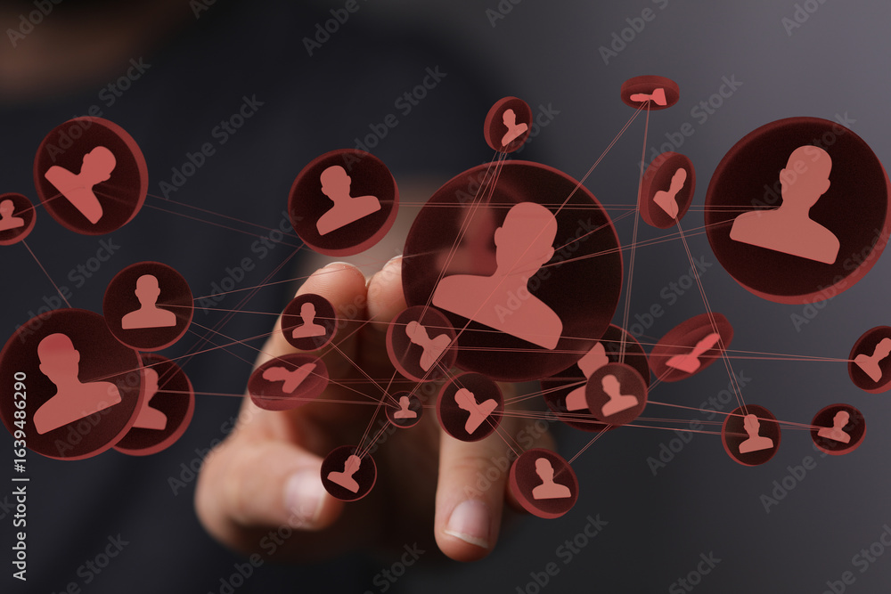 Poster image of a hand interacting with a network of interconnected profiles, representing social media or 