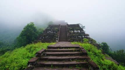 Ancient Steps Leading to Misty Ruins Surrounded by Lush Greenery