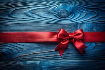 Red ribbon and bow on a dark blue wooden background