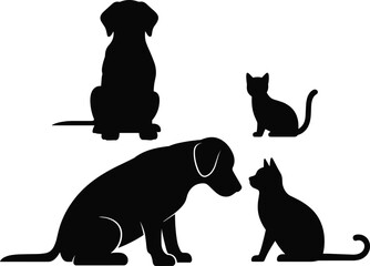 Dog and cat silhouettes, sitting pets vector, black animal illustration, domestic pet clipart, isolated design, graphic artwork for print.