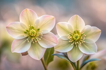 Fototapeta premium Two Delicate Pink and White Hellebore Flowers bloom blossom