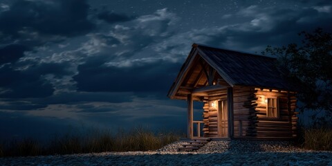 A tiny log home with soft interior lights under a dark sky