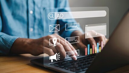 Person using laptop with digital marketing interface, advertising and SEO concept, online business