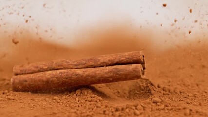 A cinnamon stick rests on a bed of cinnamon powder surrounded by a cloud of airborne cinnamon particles against a light background