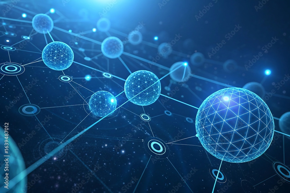 Poster abstract glowing blue spheres connected by lines representing a digital network or molecular structu