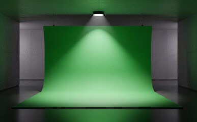 Large Interior Set With Suspended Green Screen And Spotlight Above
