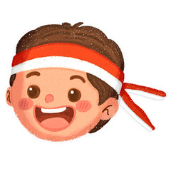 Cute cartoon boy with red and white headband in crayon and oil pastel style, sticker and no-outline versions, transparent background