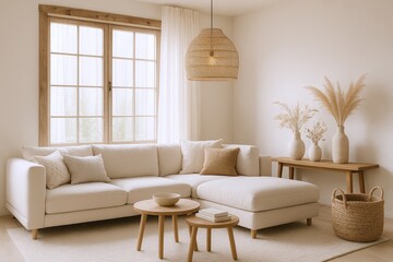 Fototapeta premium Serene living room interior featuring a plush sectional sofa, natural wood accents, and a woven pendant light, creating a cozy and inviting atmosphere.