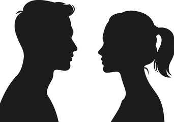 Man and woman face silhouette, couple profile vector, side view headshot, romantic people design, black outline, isolated on white