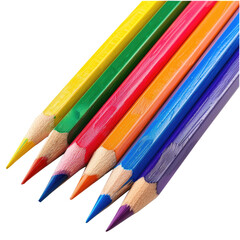 Fototapeta premium Colorful pencils arranged diagonally on white background, art supplies, close-up