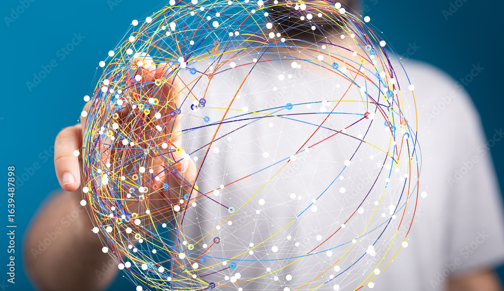 Poster abstract image of a person interacting with a digital global network. represents connection, technol