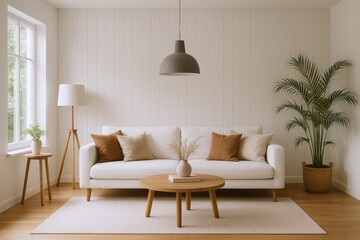 Obraz premium Serene Living Room Interior with White Sofa, Wooden Accents, and Natural Light Enhancing a Calm and Inviting Atmosphere