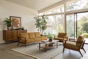 Fototapeta premium Mid century modern living room with large windows and natural light
