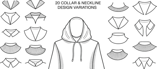 Fashion collar types vector illustration, shirt and hoodie neckline designs, clothing template icons, garment style variations, apparel design elements, sewing reference guide