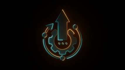 Glowing neon gear Outputs icon and up arrow sign on a black background animation. - Powered by Adobe
