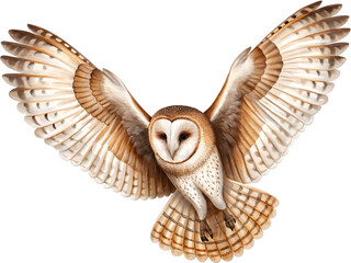 Barn owl wings spread flight isolated on a transparent background