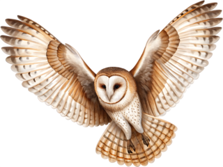 Barn owl wings spread flight isolated on a transparent background