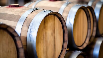 Wooden barrels lined up in a winery or brewery setting with metal hoops and natural wood grain - Powered by Adobe
