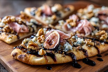 Blue cheese and fig pizza with a balsamic reduction drizzle, walnuts, and thinly sliced prosciutto on flatbread 