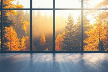 Serene Autumn View Through Large Window Showcasing Vibrant Golden Forest and Soft Sunlight Illuminating a Cozy Indoor Space with Wooden Floor