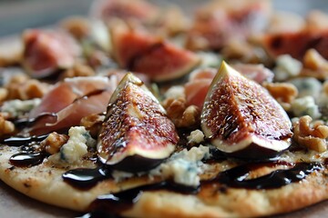 Blue cheese and fig pizza with a balsamic reduction drizzle, walnuts, and thinly sliced prosciutto on flatbread 