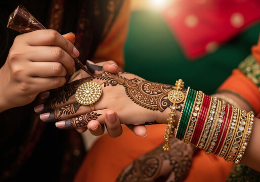 A henna artist applying intricate Mehendi to a bride's hand