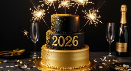 Elegant Three Tier New Year Eve Celebration Cake with Sparklers and Champagne Toast