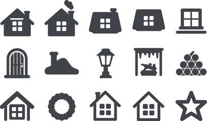 Vector Home Icons: Cozy House, Winter, Christmas, Holiday Set
