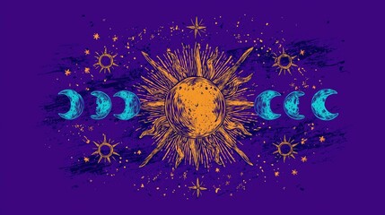 Vintage mystical sun and moon phases cosmic illustration on purple background