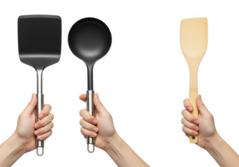 Hands holding kitchen utensils like spatula and ladle isolated on transparent background