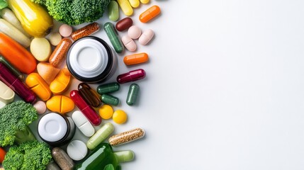 Colorful Array of Fresh Vegetables and Dietary Supplements