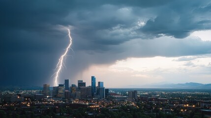 Dramatic Lightning Strike Over Urban Skyline During Stormy Evening