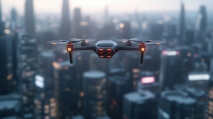 Modern Drone Flying Over Urban Cityscape at Dusk with Lights