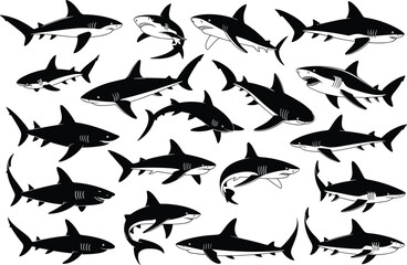 Set of shark illustrations, various shark designs, ocean predators, marine wildlife, underwater creatures, shark icons, aggressive sea animals, vector art collection