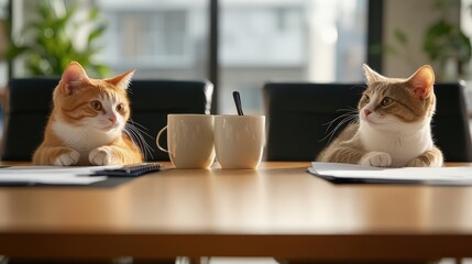 Two Cats Sitting at a Table with Coffee Cups and Notebooks
