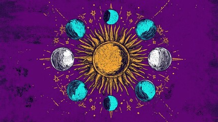 Vintage mystical sun and moon phases cosmic illustration on purple background