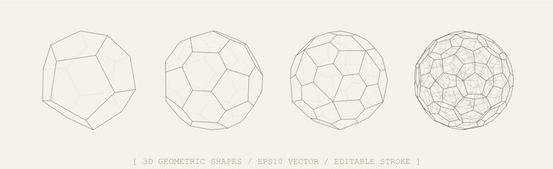 3D vector shapes set. Abstract polyhedron forms in geometry style. Geometric elements includes wireframe lines, spheres, globe, polygon structures. Mesh graphic design for tech, math, science concepts